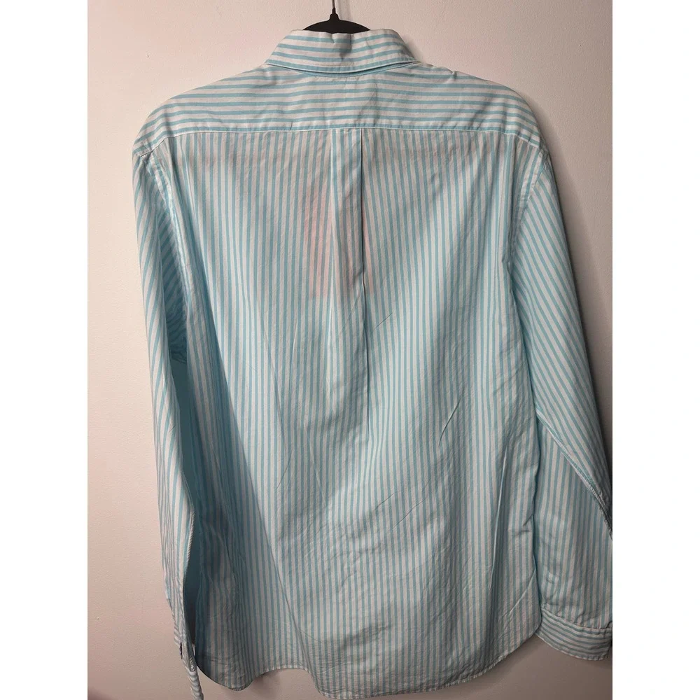 Polo Ralph Lauren Slim Fit Shirt Mens Large Blue White Striped Cotton Pink Pony